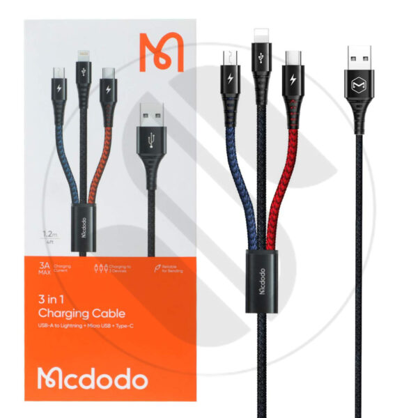 کابل تبدیل USB به لایتنینگ/USB-C/MicroUSB مک دودو مدل CA-6220 3A طول 1.2 متر